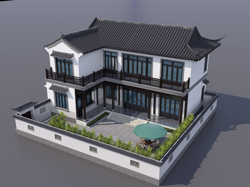 两层别墅设计图，徽派建筑设计,带有院子效果图