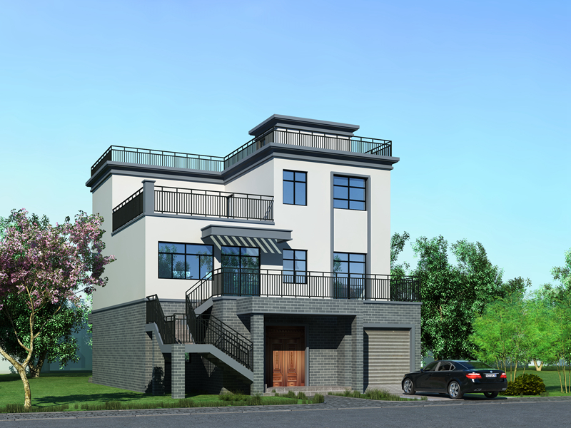 三层现代农村别墅设计图，带屋顶露台以及室外楼梯设计