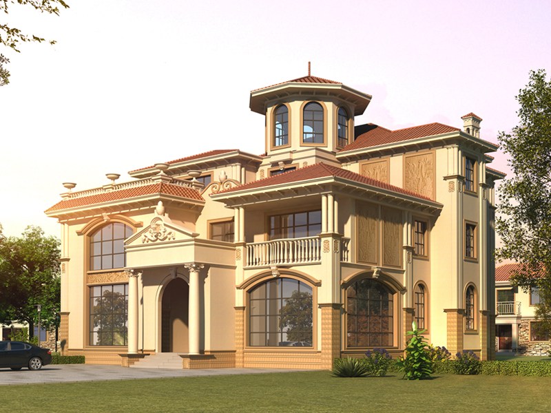 高端欧式复式三层别墅设计图，带有八角窗设计造型